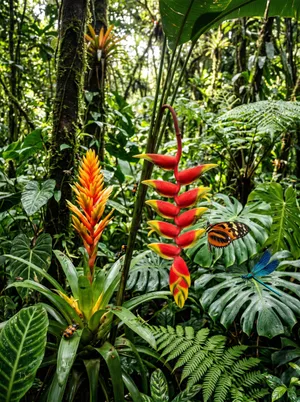 Jungle plants big tall exotic flowers and green…