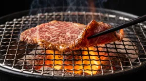 Grilled wagyu beef slice over charcoal