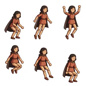 Six wooden puppet character poses