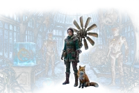 Woman exploring icy steampunk Victorian greenhouse (cutout)