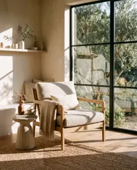 Sunlit minimalist reading nook interior