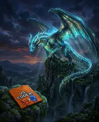 Fantasy blue dragon atop rocky crag
