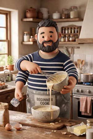 Cheerful bearded cook whisking cake batter