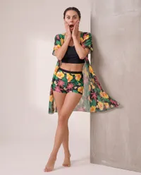 Shocked woman in tropical floral set