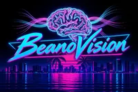 Synthwave neon brain logo with city skyline