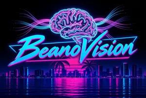 Synthwave neon brain logo with city skyline