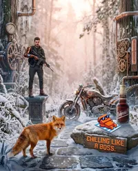 Steampunk adventurer with fox and bike