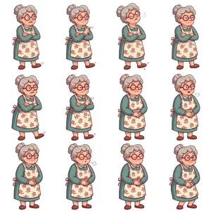 Twelve expressive cartoon grandmother character poses