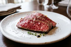 Wagyu steak slices with balsamic garnish