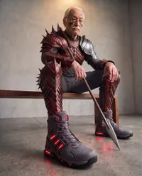 Fantasy elder warrior in modern sneakers