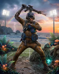 Tactical mercenary holding rifle at sunset