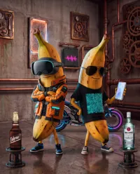 Cyberpunk banana friends in industrial workshop