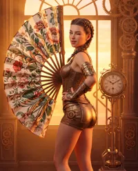Steampunk woman with floral fan