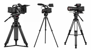 Professional cinema camera setups on white background