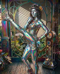 Iridescent steampunk woman in clockwork atrium