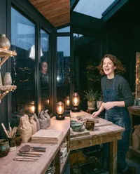 Joyful potter working in rainy studio