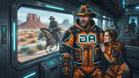 Futuristic couple on space train journey