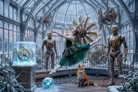 Ballerina leaping between robots in greenhouse