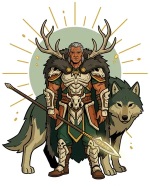 Druidic warrior with antlers and wolf