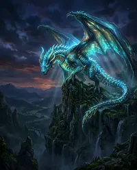 Bioluminescent dragon atop dark mountain peak