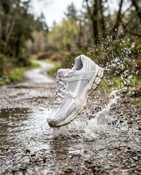 Dynamic Nike Pegasus puddle splash action shot