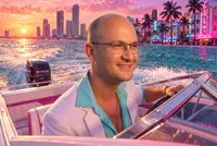 Man in blazer driving Miami boat