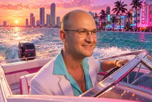 Man in blazer driving Miami boat