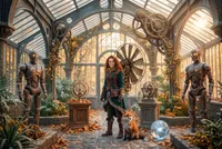 Steampunk adventurer with robots in conservatory