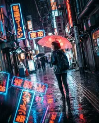 Rainy night neon alley walk