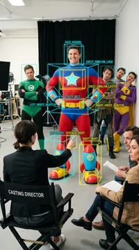 Superhero costume audition in casting studio