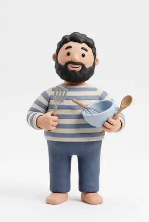 Claymation style cook holding kitchen tools