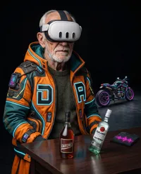 Futuristic senior VR enthusiast at table