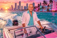 Man steering speed boat Miami sunset