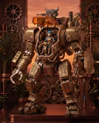 Bronze steampunk pilot inside mechanical mech
