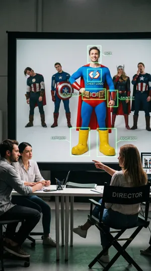 Creative team reviewing superhero character design