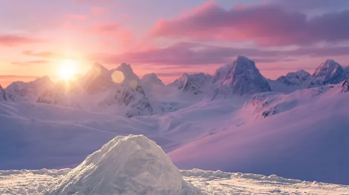 The same mountain sunset with the snowboarder removed and the snow mound filled back in
