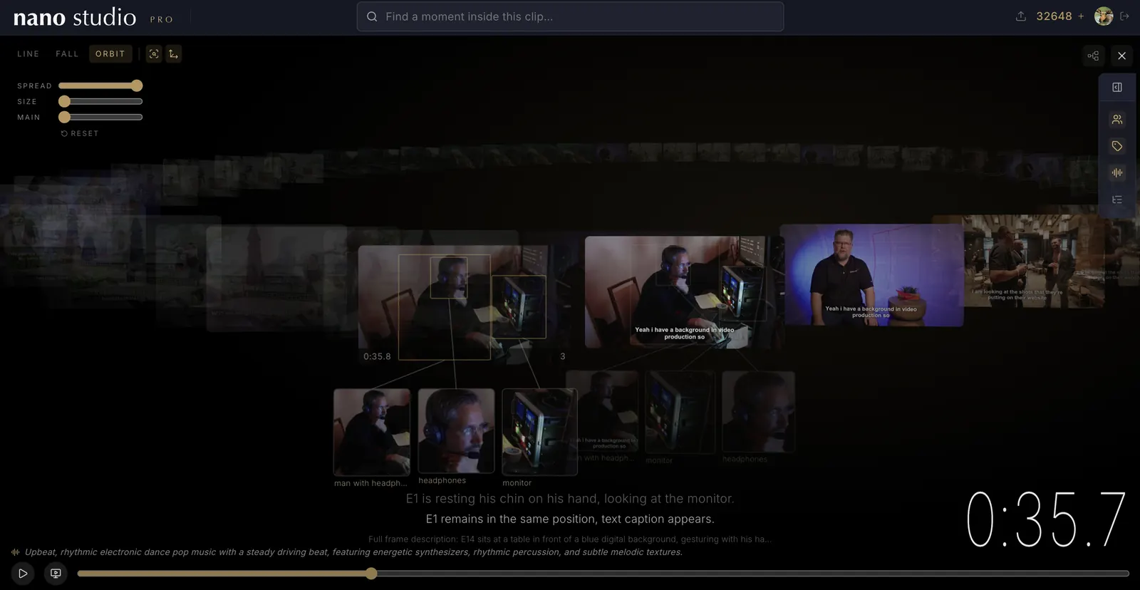 The time corridor in orbit mode on a filmed interview: the clip's frames curving away in depth, close-up crops labelled man with headphones, headphones and monitor joined by leader lines to their boxes on the frame at the front, with the written narration underneath and the soundtrack described in italics below it
