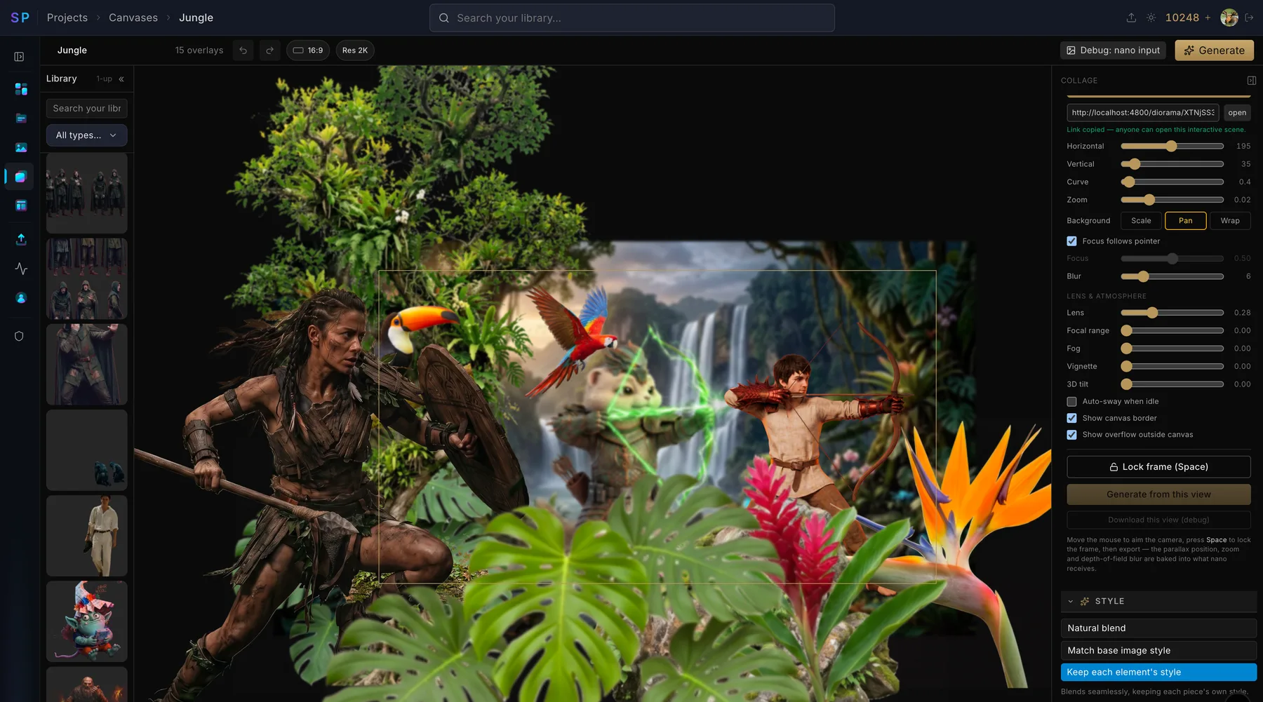 The canvas editor with fifteen overlays composed into a jungle scene, and the depth panel showing focus, blur, lens, fog, vignette and 3D tilt controls