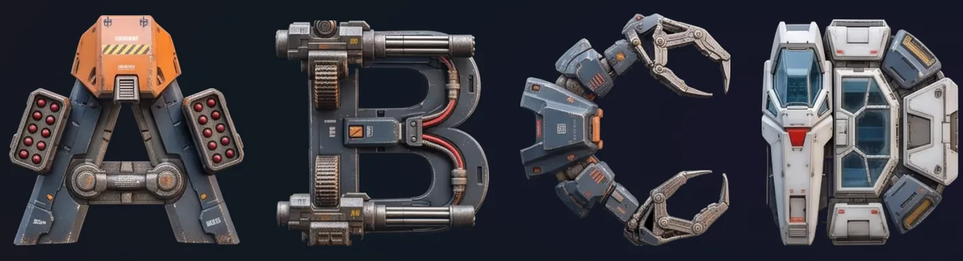 A row of letters built from panelled mech plating, shown in the font library