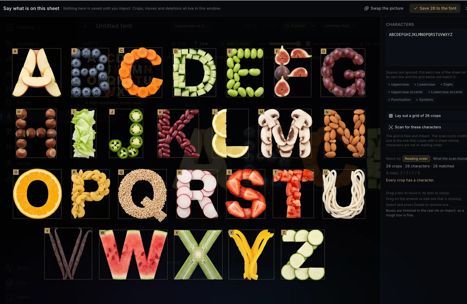 The font editor with a sheet of twenty-six letters made of fruit and vegetables, each one boxed and matched to a character