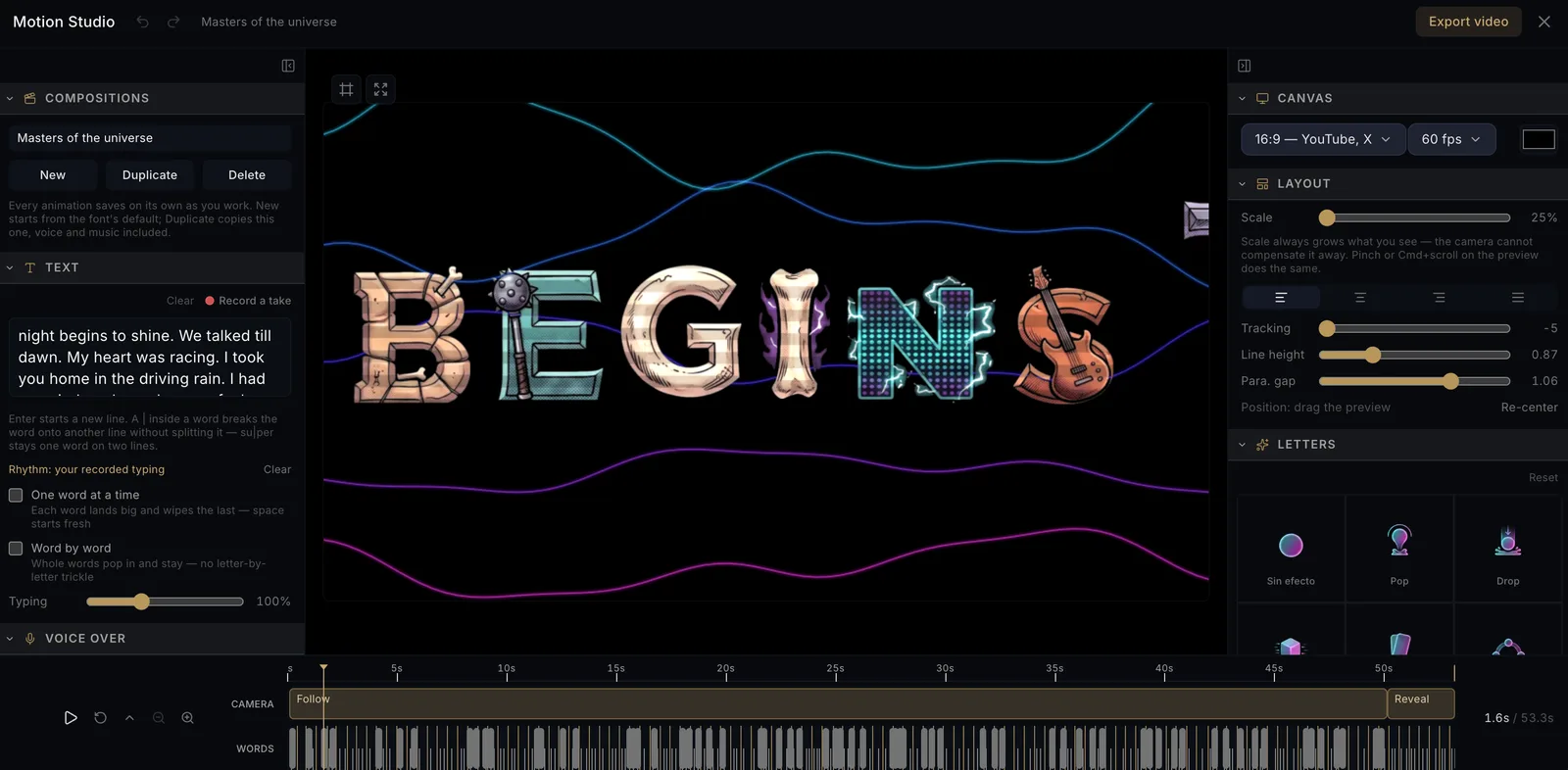 The Motion Studio interface: a compositions and text panel on the left holding the song lyrics, the word BEGINS on the canvas in the Masters of the Universe font, canvas and layout and letter-effect panels on the right, and a timeline underneath showing the camera's Follow and Reveal beats above a lane of word blocks